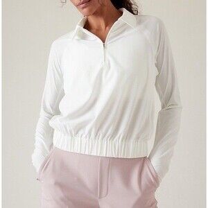 Athleta Advantage Polo Top White Zip Stretch Golf Tennis M Athleisure